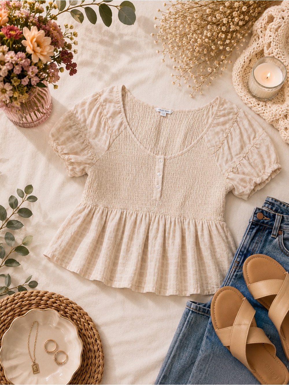 American Eagle Outfitters Cream Smocked Peplum Short-Sleeve Blouse
